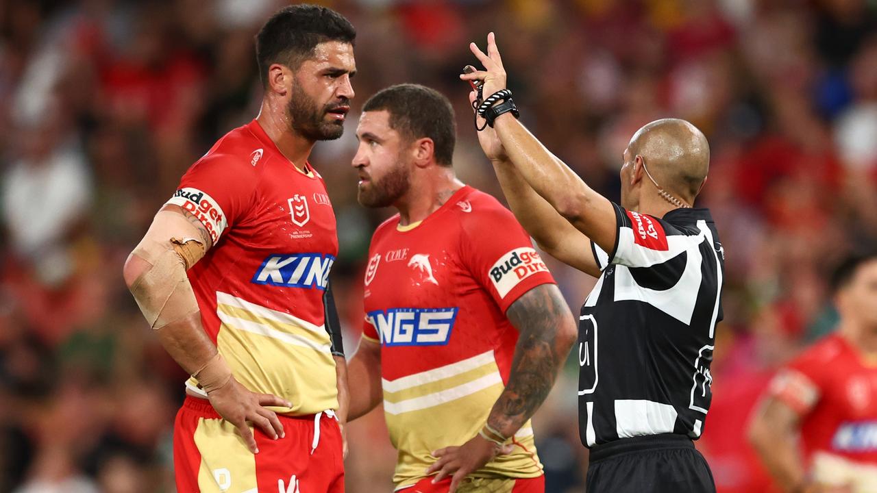 BRISBANE, AUSTRALIA - APRIL 13: Kenny Bromwich of the Dolphins is sent offduring the round seven NRL match between Dolphins and South Sydney Rabbitohs at Suncorp Stadium on April 13, 2023 in Brisbane, Australia. (Photo by Chris Hyde/Getty Images)