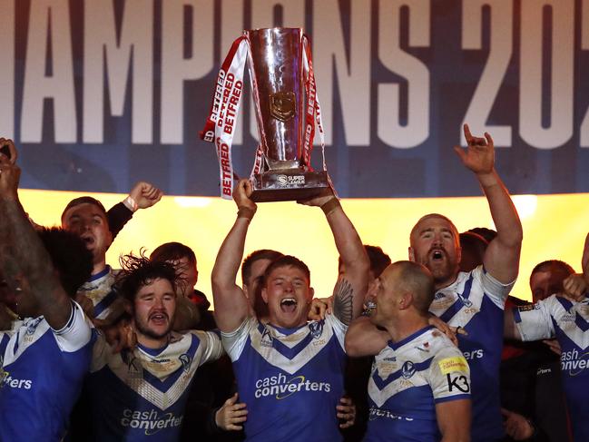 Morgan Knowles lifts the Super League trophy after St Helens’ 2020 grand final win. Picture: George Wood/Getty Images