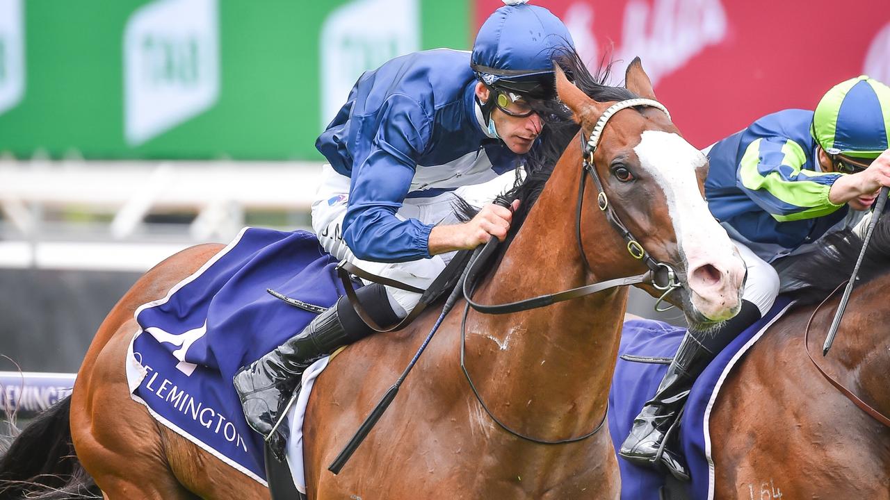Jockey Jamie Mott guided two-year-old colt Lofty Strike to a debut win at Flemington for Cranbourne trainer Julius Sandhu. Picture : Racing Photos via Getty Images.