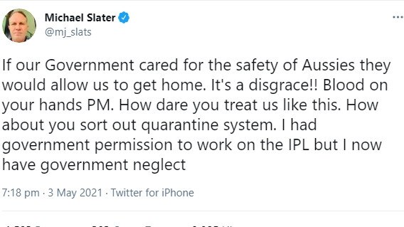 Michael Slater’s tweet which attacked Prime Minister Scott Morrison. Picture: Twitter