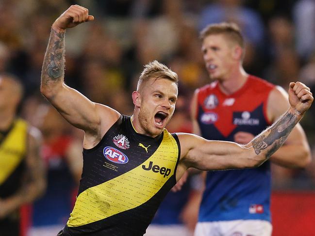 MELBOURNE, AUSTRALIA - APRIL 24: Brandon Ellis of the Tigers celebrates a goal during the round 6 AFL match between Richmond and Melbourne at Melbourne Cricket Ground on April 24, 2019 in Melbourne, Australia. (Photo by Michael Dodge/Getty Images)