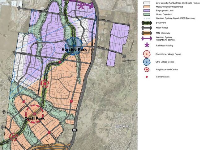 The proposal for Option B, considered the medium option. Option A would have less employment land (top in purple) and Option C would have large apartments around the Cecil Park town centre, including a train station.