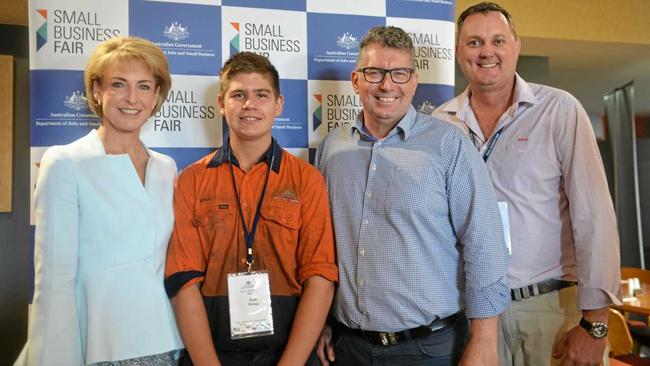 MORE APPRENTICES: Minister Michaelia Cash, apprentice Kyle Grima, Member for Hinkler Keith Pitt and Ross Cheshire of McDonald Murphy Machinery. Picture: Geordi Offord