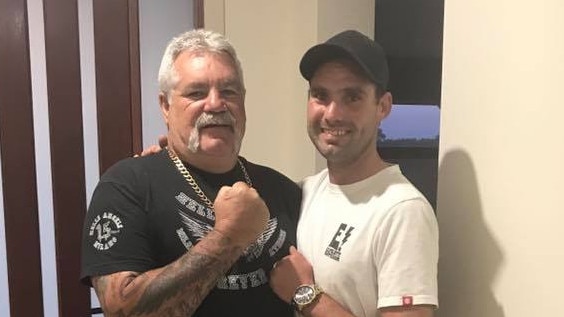 Hells Angel enforcer Peter “Skitzo” Hewat with his son, Beau Hewat., Picture: Facebook