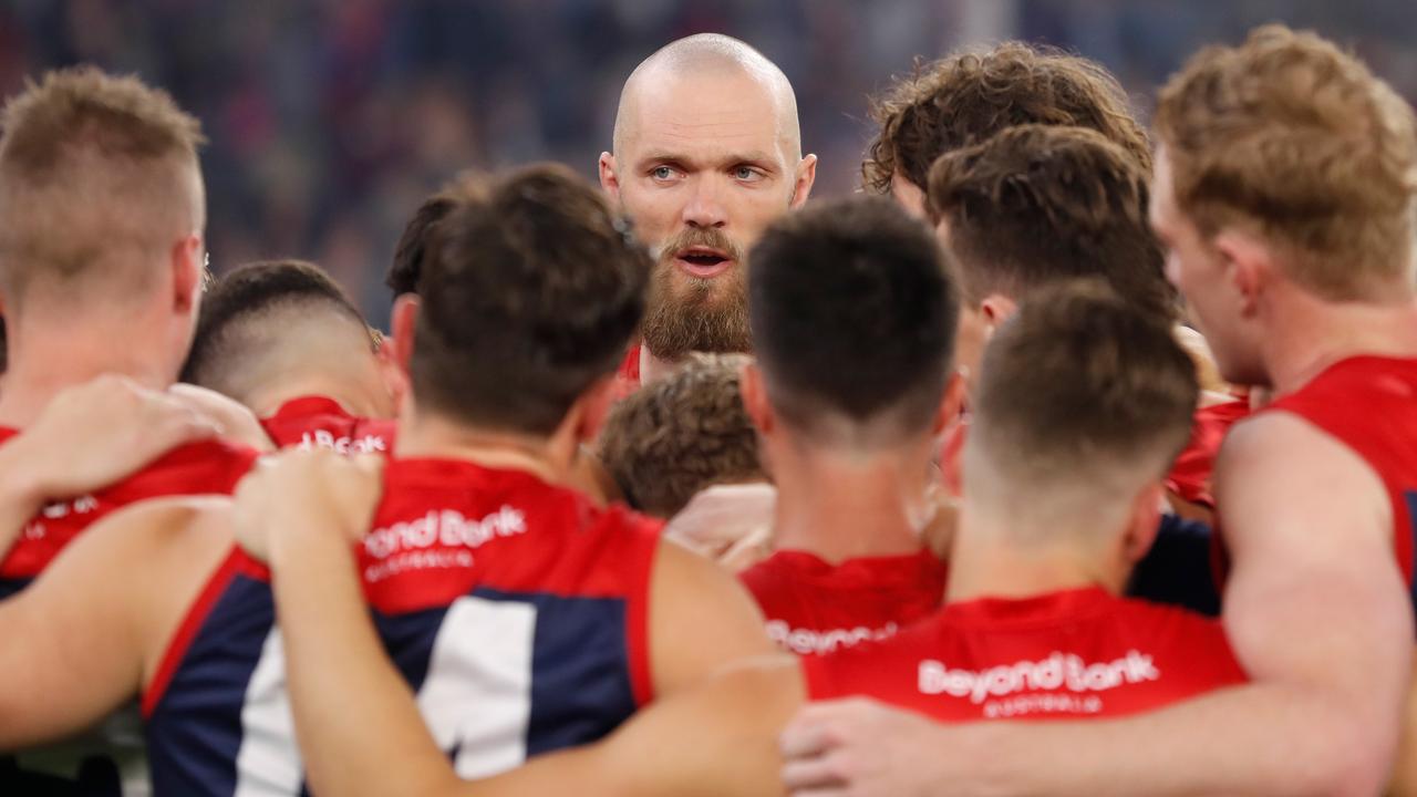 Max Gawn speaks with his Demons teammates during the grand final. Picture: Getty Images