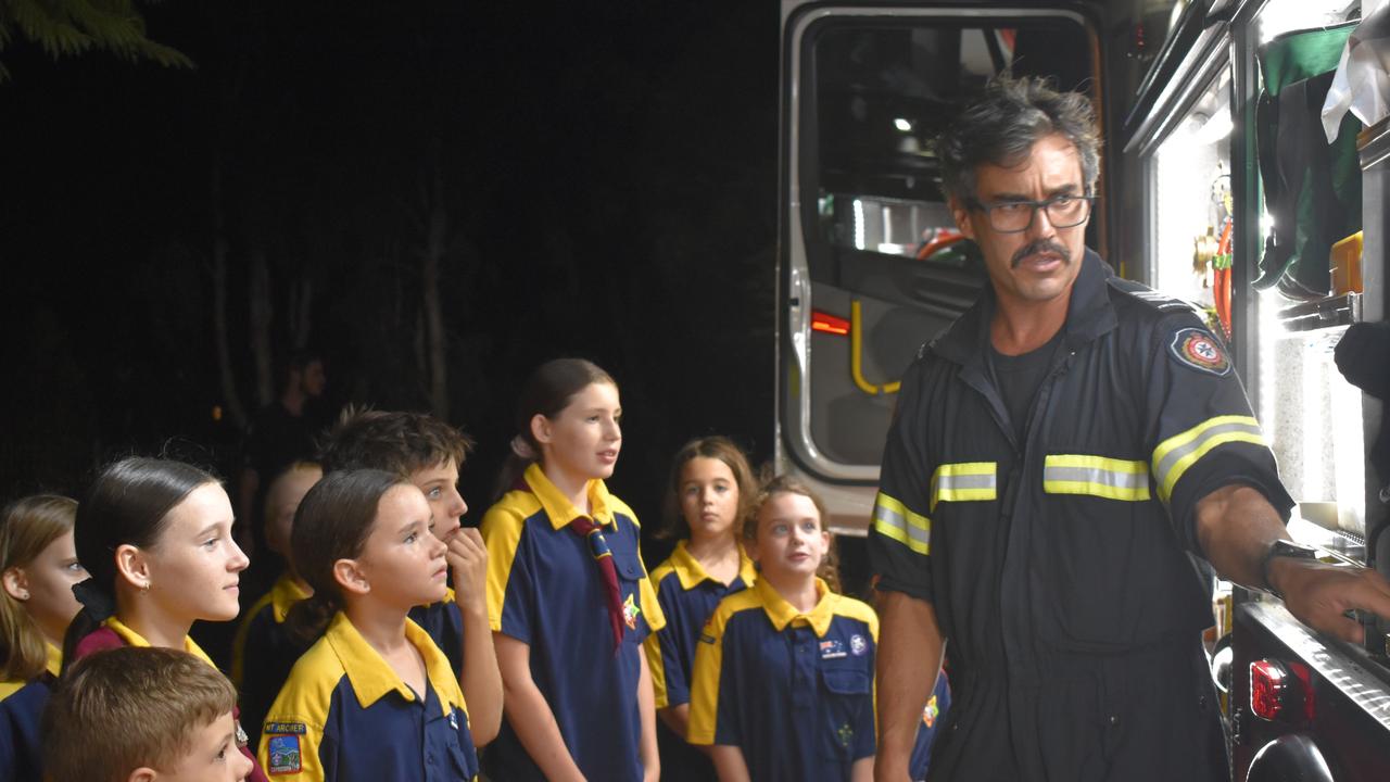 Rockhampton police officers and fire crews visited the Mount Archer Scout Group on Wednesday March 3, 2021. Photos: Vanessa Jarrett