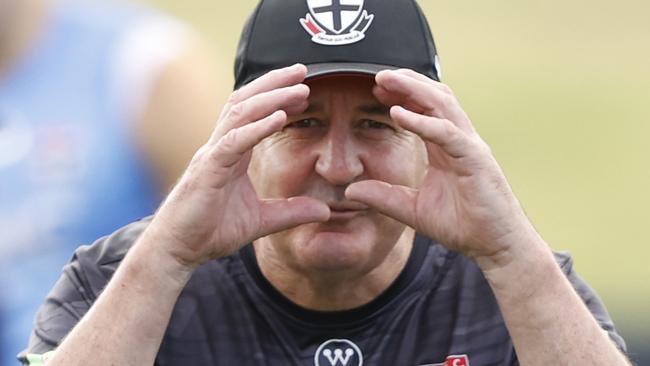 MELBOURNE, AUSTRALIA - MARCH 14: Ross Lyon, Senior Coach of the Saints has fun with the media during a St Kilda Saints AFL training session at RSEA Park on March 14, 2024 in Melbourne, Australia. (Photo by Darrian Traynor/Getty Images)