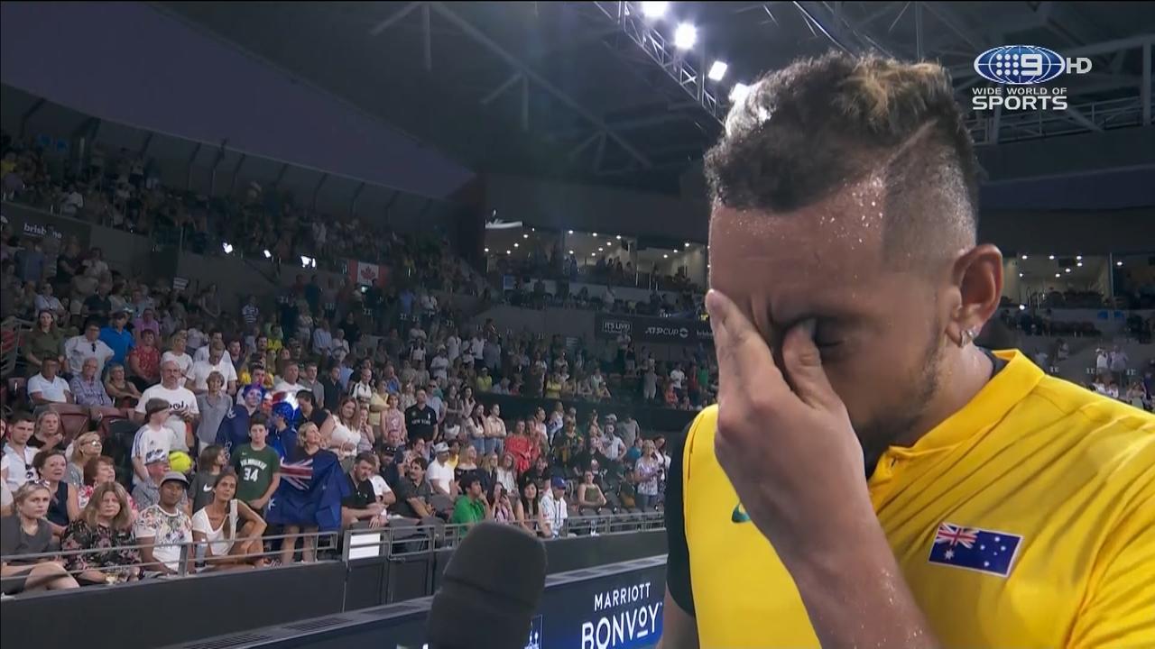 Nick Kyrgios cries after his match against Jan-Lennard Struff.