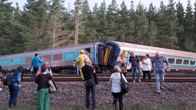 Passengers leave the derailed train in this photo tweeted by a passenger. Picture: Twitter/@Rickard_Scott