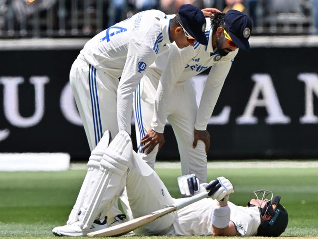 Steve Smith was floored after a blow to the abdomen - but has his reputation suffered an even greater blow? Picture: AFP