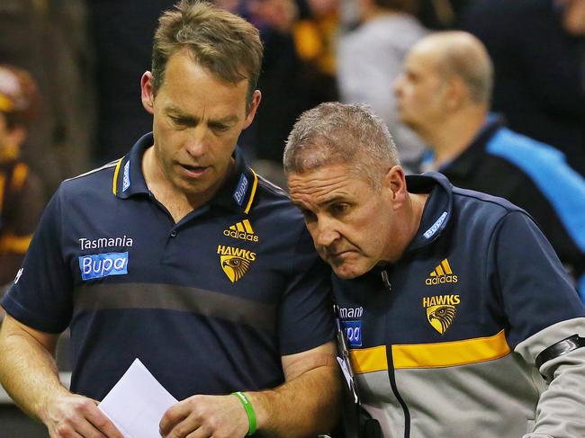 AFL Round 21 - Hawthorn v Port Adelaide at Etihad Stadium , Coach Alastair Clarkson has  a quiet word with Chris Fagan after the match. Melbourne.  21st August 2015. Picture: Colleen Petch.