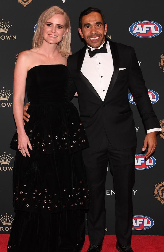 Eddie Betts of the Adelaide Crows and his partner Anna Betts arrive at the 2019 Brownlow Medal ceremony. Picture: AAP