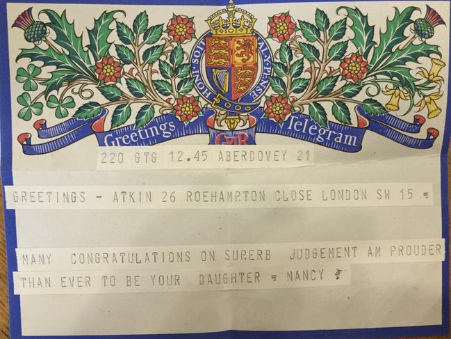 TELEGRAM_ A congratulatory message to Australian judge Lord Dick Atkin from his daughter Nancy. Photo: Supplied