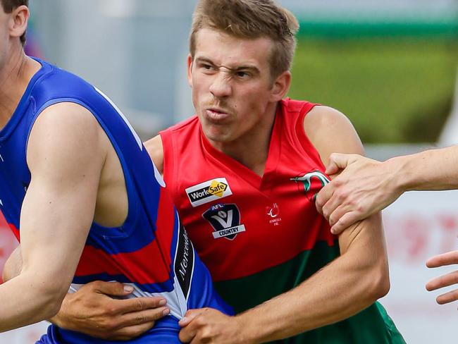 Khyal Jacobson tackles a Mornington opponent in a practice game. Picture: Alan Dillon