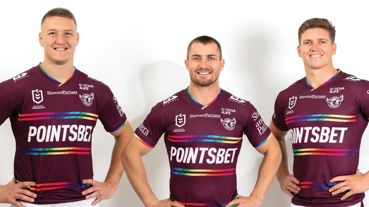 Manly's Sean Keppie, Kieran Foran and Reuben Garrick in the Sea Eagle's Pride jersey. Pic: Manly Digital