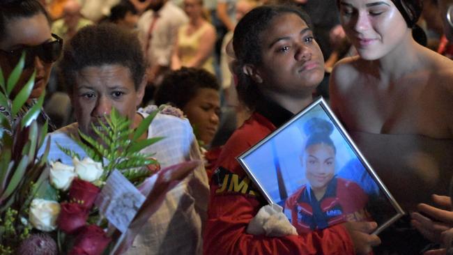 Mother Tania Rudall and sister Sienna Mooney were comforted by fellow mourners at the funeral of 15-year-old Nilly Mooney, who was killed in a hit and run on March 1. Photo: Zizi Averill