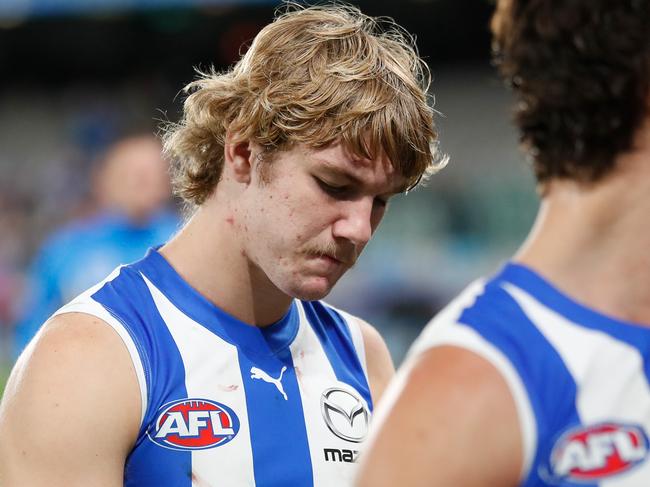 MELBOURNE, AUSTRALIA - JUNE 12: Jason Horne-Francis of the Kangaroos looks dejected after a loss during the 2022 AFL Round 13 match between the North Melbourne Kangaroos and the GWS Giants at Marvel Stadium on June 12, 2022 in Melbourne, Australia. (Photo by Michael Willson/AFL Photos via Getty Images)