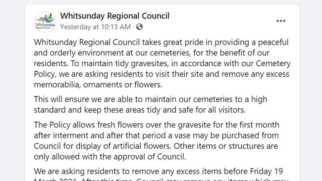 Whitsunday Regional Council's Facebook post about gravesites in the region drew widespread criticism.