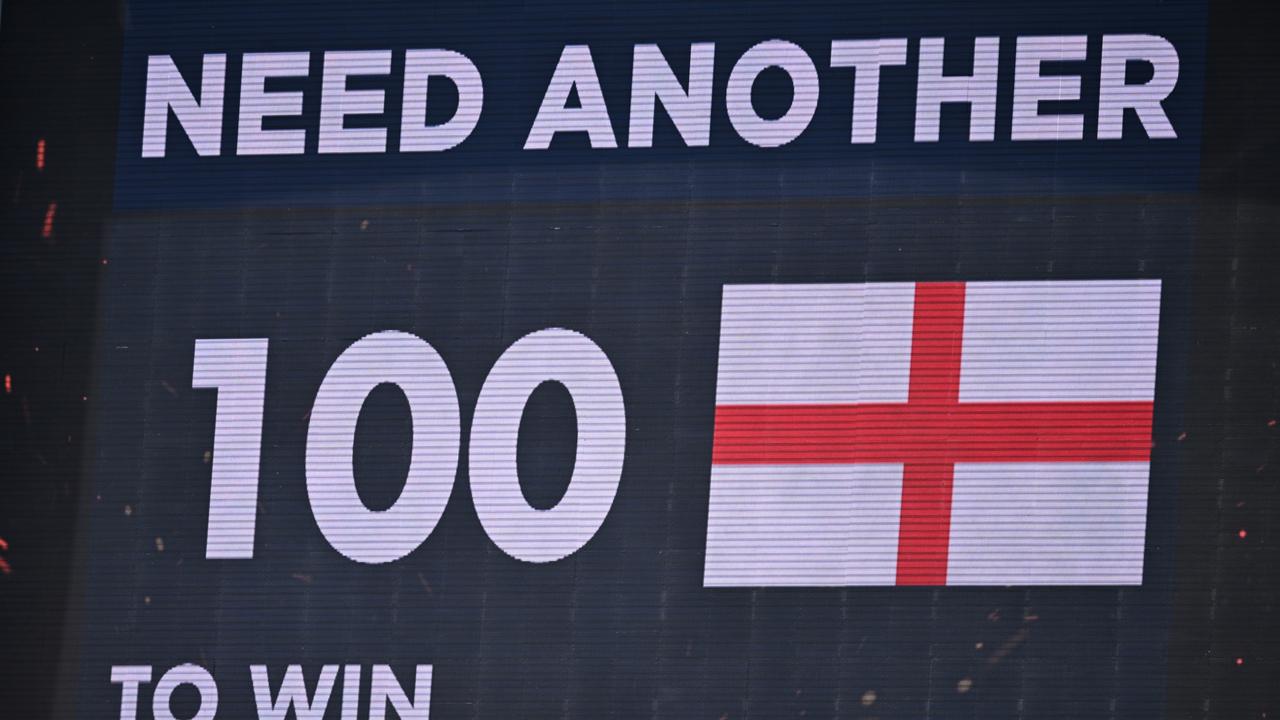 The scoreboard has steadily ticked down on England’s run chase today. Picture: Getty