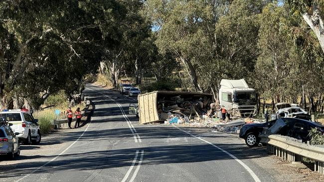 The scene of a multi car and truck crash on Main South Road , Wattle Flat . 4 Nov 2024 . Picture: Naomi Jellicoe