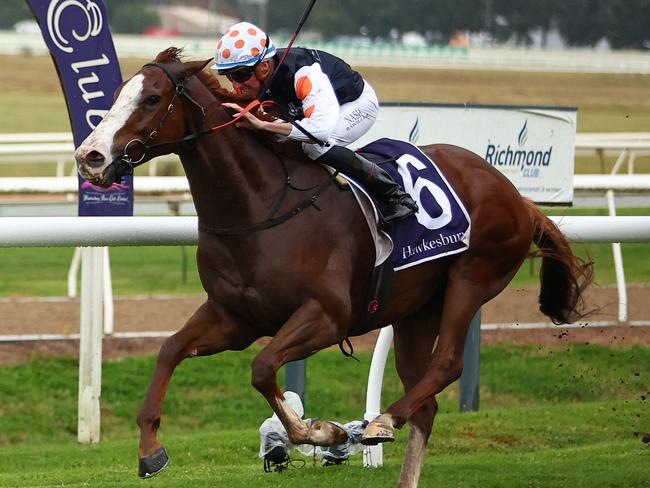 HAWKESBURY, AUSTRALIA - MAY 04: Nash Rawiller riding  Just Folk wins Race 8 Richmond Club Hawkesbury Gold Cup during "Hawkesbury Cup Day" - Sydney Racing at Hawkesbury Racecourse on May 04, 2024 in Hawkesbury, Australia. (Photo by Jeremy Ng/Getty Images)