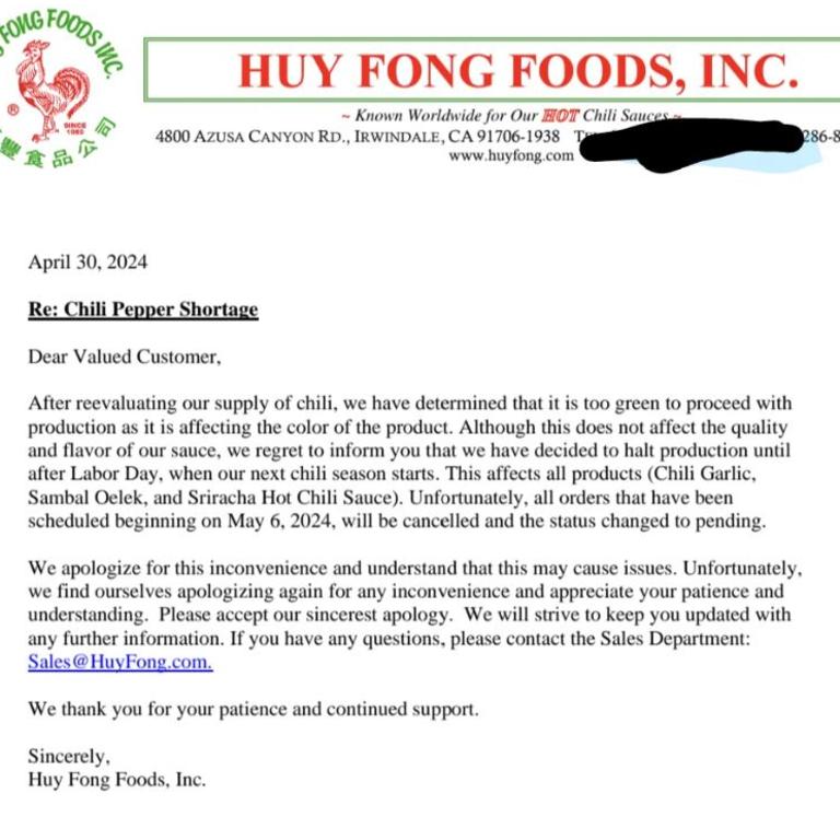 In a letter on April 30, Huy Fong Foods informed customers and suppliers that production had been halted. Picture: Reddit