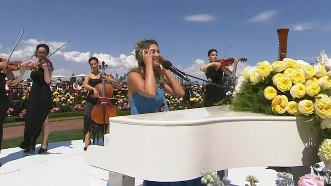 Delta Goodrem performing the 2023 Melbourne Cup. Picture: Channel 10