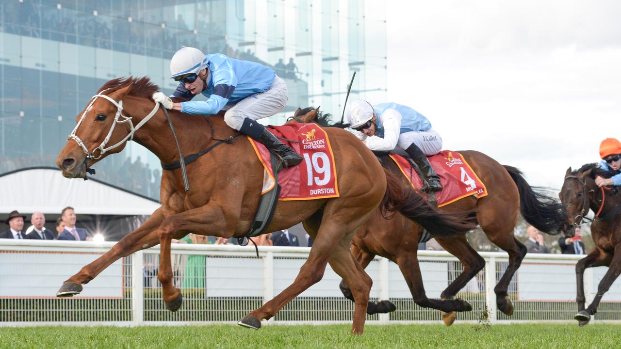 Durston wins the Caulfield Cup under Michael Dee. Picture: Reg Ryan–Racing Photos via Getty Images