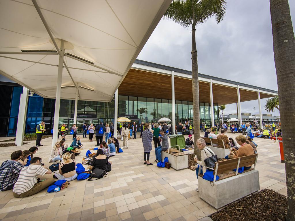 Participants in Gold Coast Airport’s mass trial of its new terminal expansion ahead of its opening next week. Picture: Nigel Hallett.