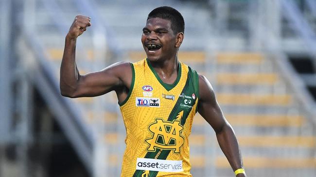 AFL draft prospect Maurice Rioli Jr playing for NTFL club St Mary's. Picture: Felicity Elliott/AFLNT Media