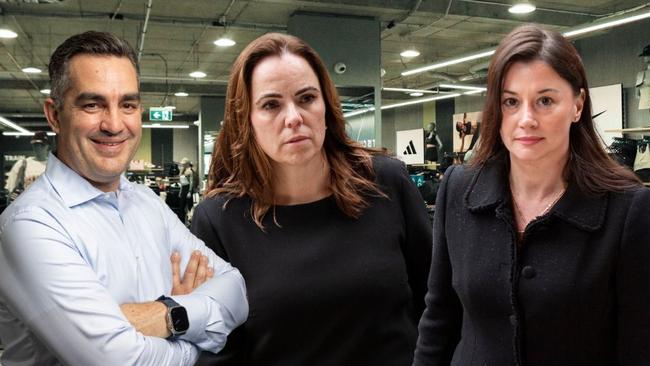 Super Retail Group CEO Anthony Heraghty (L) and former executives and whistleblowers Rebecca Farrell (C) and Amelia Berczelly (R)