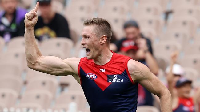 Tom McDonald celebrates one of his two goals against the Dockers. Picture: Michael Klein