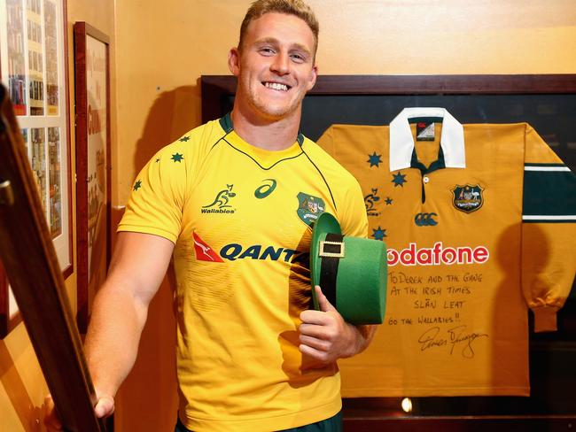 MELBOURNE, AUSTRALIA - MARCH 16:  Wallabies player Reece Hodge poses during a media opportunity ahead of the upcoming Wallabies Test series against Ireland, at The Irish Times Pub on March 16, 2018 in Melbourne, Australia.  (Photo by Robert Prezioso/Getty Images)