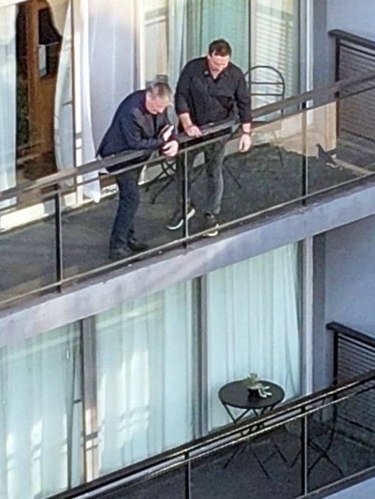 Geoff (left) was spotted standing on the balcony from which Liam tragically fell. Picture: BACKGRID