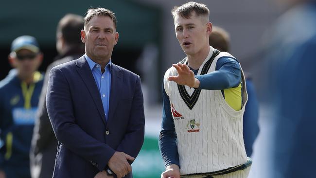 Shane Warne with Marnus Labuschagne at Old Trafford. Picture: Getty