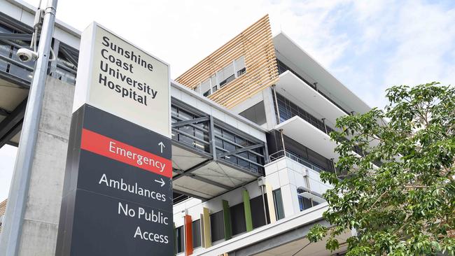 Ambulances ramped at outside emergency room at Sunshine Coast University Hospital. Picture: Patrick Woods.