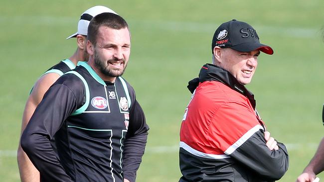 Captain Jarryn Geary, left, and coach Allan Richardson at training.