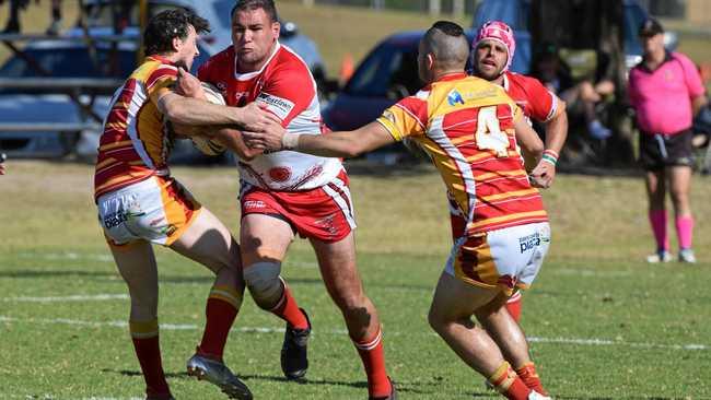 South Grafton Rebels captain Grant Stevens leads from the fron with a strong hit up against the Coffs Harbour Comets during the Group 2 preliminary final. rugby league 27 August 2017 Geoff King Motors Park. Picture: Brad Greenshields