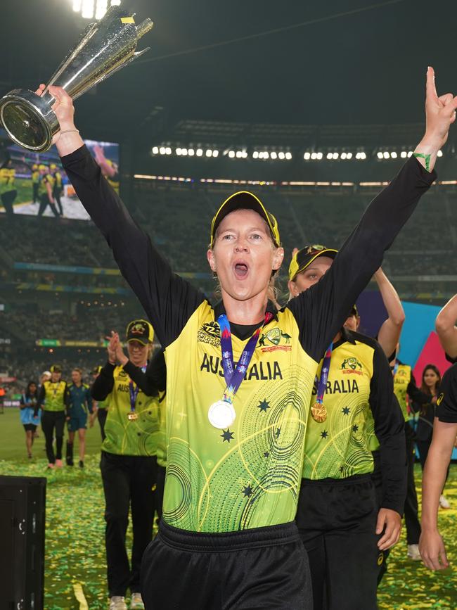 Meg Lanning celebrates winning the Women’s T20 World Cup final in March. Picture: Michael Dodge