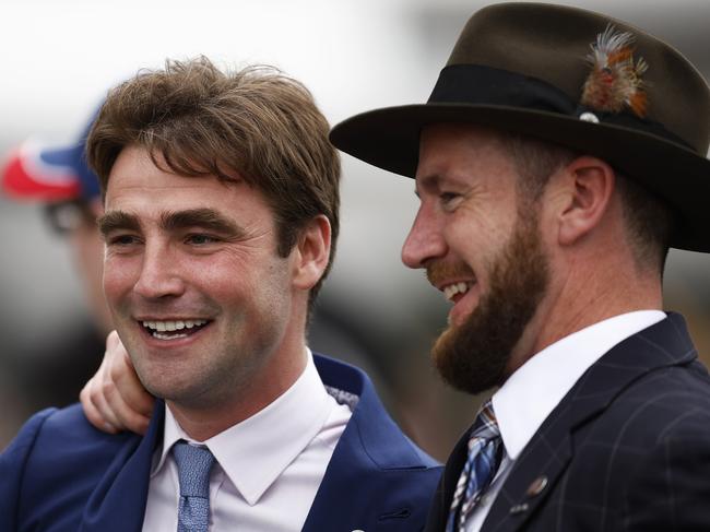 MELBOURNE, AUSTRALIA - NOVEMBER 01:  Trainers David Eustace and Ciaron Maher celebrate after Gold Trip won Race 7, the Lexus Melbourne Cup, during 2022 Lexus Melbourne Cup Day at Flemington Racecourse on November 01, 2022 in Melbourne, Australia. (Photo by Daniel Pockett/Getty Images)