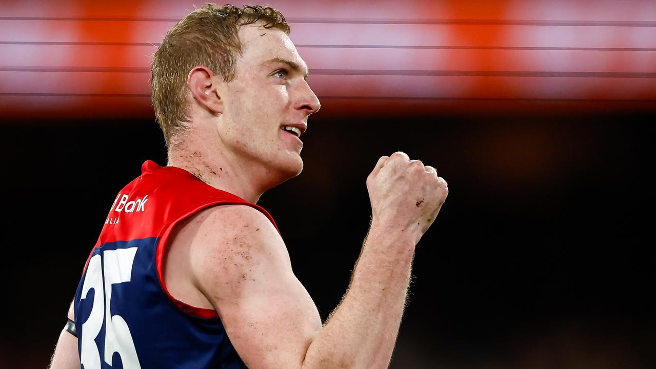 MELBOURNE, AUSTRALIA – JULY 30: Harrison Petty of the Demons celebrates a goal during the 2023 AFL Round 20 match between the Richmond Tigers and the Melbourne Demons at Melbourne Cricket Ground on July 30, 2023 in Melbourne, Australia. (Photo by Dylan Burns/AFL Photos via Getty Images)