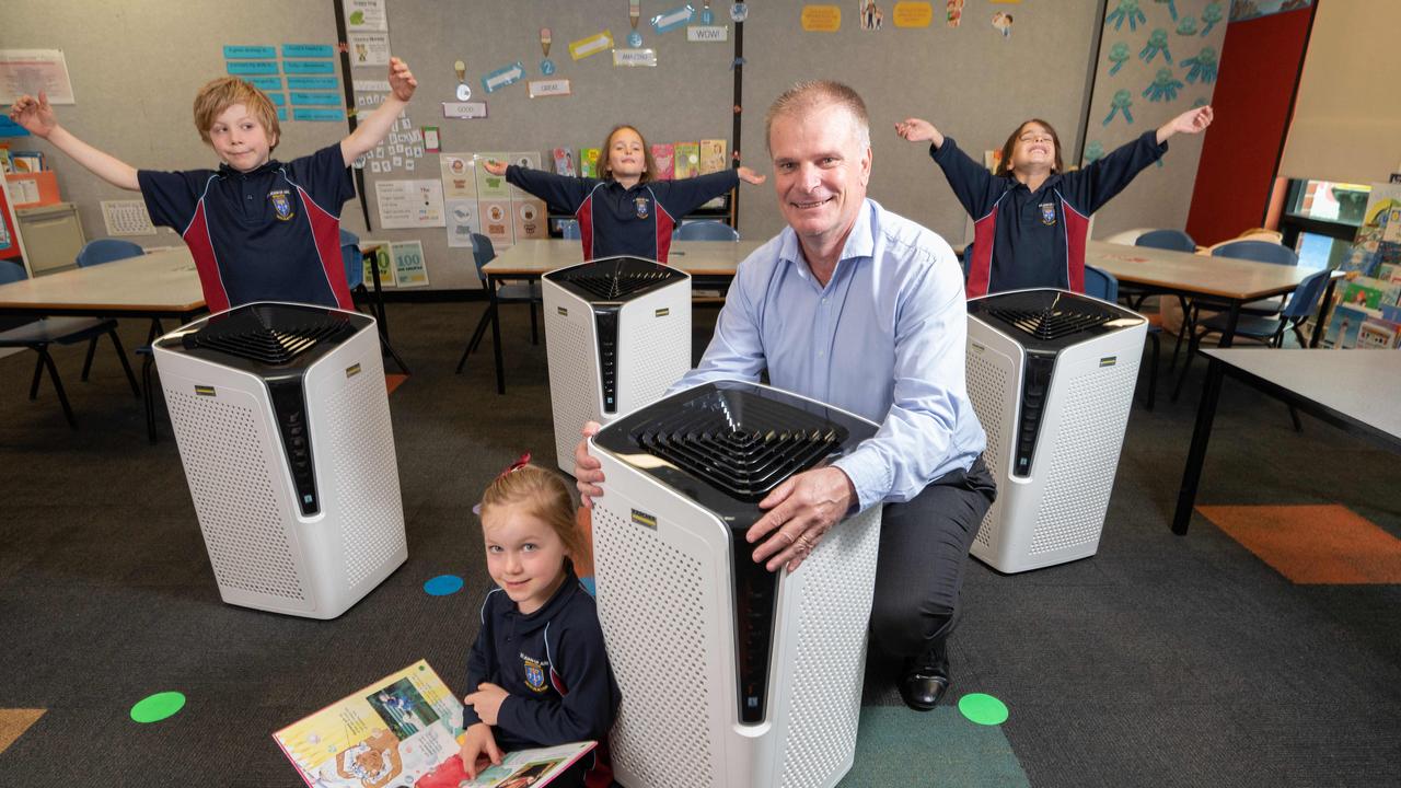 St Joan of Arc Primary School principal Tony McMahon and pupils Hugo, Harriet, Isla and Thomas with air purifiers donated by Karcher. Picture: Tony Gough