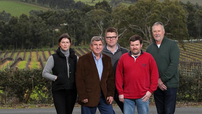 Alex Camatta from Artwine, grazier and rural consultant Malcolm Scroop, Bird in Hand general manager Jared Stringer, Inverbrackie Creek Catchment Group chairman Jim Franklin-McEvoy and grazier Kym Davis are concerned about plans for the Bird in Hand Gold Project. Picture: Dylan Coker