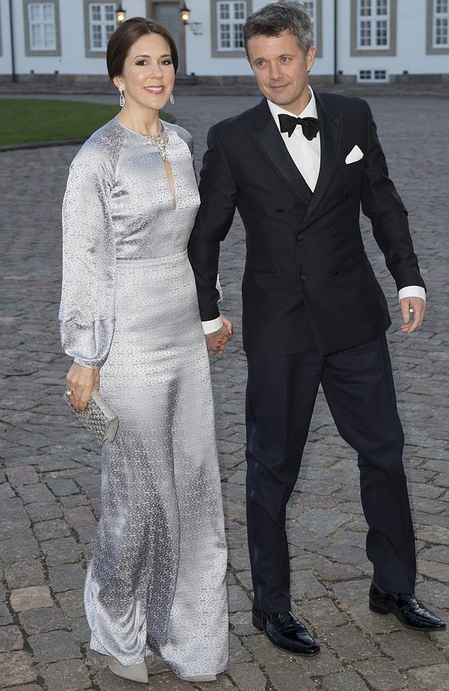 <p>Bianca Jagger would have approved of this shimmery outfit as Crown Prince Frederik and Crown Princess Mary of Denmark attend a Gala Dinner at Fredensborg Palace on the evening of Queen Margrethe II of Denmark&rsquo;s 75th Birthday on April 16, 2015. Picture: Getty</p>