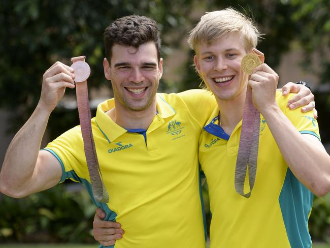 GOLD COAST, AUSTRALIA - APRIL 06:  Nathan Hart (L) of Australia, bronze medalist in Mens team Sprint and Alex Porter of Australia, Gold medalist in the mens 4000m team pursuit pose for photo on day two of the Gold Coast 2018 Commonwealth Games at Gold Coast Convention and Exhibition Centre on April 6, 2018 on the Gold Coast, Australia.  (Photo by Vince Caligiuri/Getty Images)