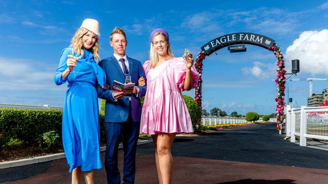 Sharyn Ghidella, Chris Hurley and Cassie Reilly at Eagle Farm Racecourse. Picture: Richard Walker