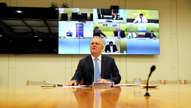 Prime Minister Scott Morrison in the National Cabinet with premiers and state leaders. Picture: Adam Taylor/PMO.