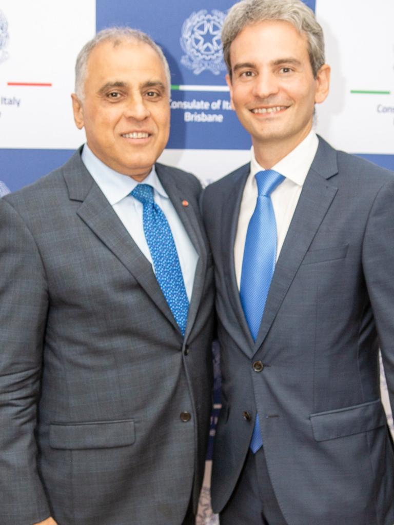 Cav. Filippo D’Arro and Consul Salvatore Napolitano at the launch of the Tour of Italy Through Queensland program at the Brisbane Abruzzo Club. Socials: Damien Anthony Rossi | Picture: Consulate of Italy