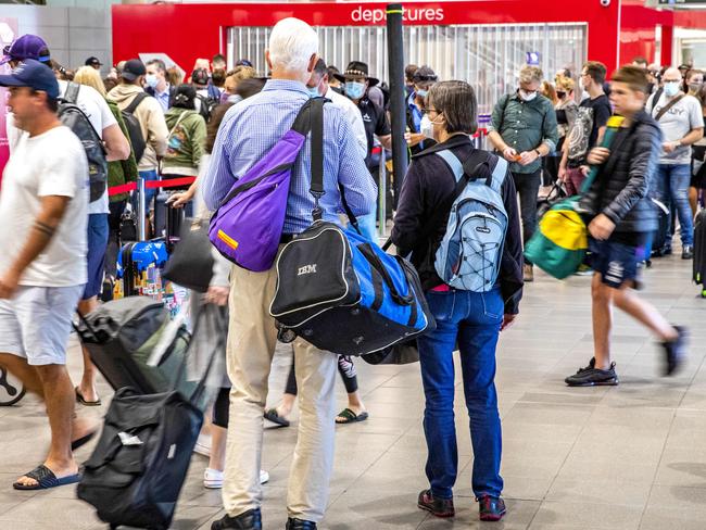 Long weekend crowds at Brisbane Domestic Terminal, Monday, May 3, 2021 – Picture: Richard Walker