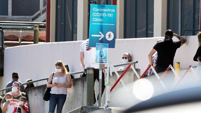 People waiting to be tested at the coronavirus Testing Clinic at Nepean Hospital in Kingswood. Picture: Jonathan Ng